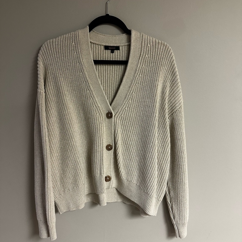 Quince Cream V-Neck Button Front Knit Cropped Cardigan Fisherman - Picture 6 of 8